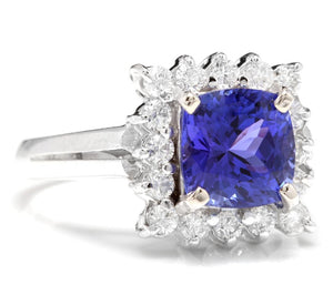 3.10 Carats Natural Very Nice Looking Tanzanite and Diamond 14K Solid White Gold Ring