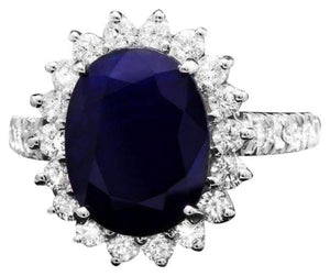 5.80ct Natural Blue Sapphire & Diamond 14k Solid White Gold Ring