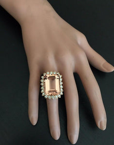 26.80 Carats Exquisite Natural Peach Morganite and Diamond 14K Solid Rose Gold Ring