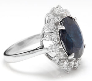 9.80 Carats Exquisite Natural Blue Sapphire and Diamond 14K Solid White Gold Ring