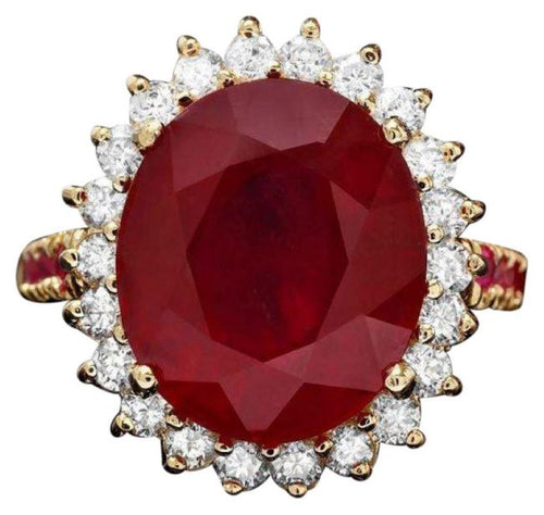 10.70 Carats Natural Red Ruby and Diamond 14k Solid Yellow Gold Ring