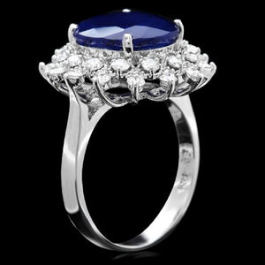 7.85 Carats Exquisite Natural Blue Sapphire and Diamond 14K Solid White Gold Ring