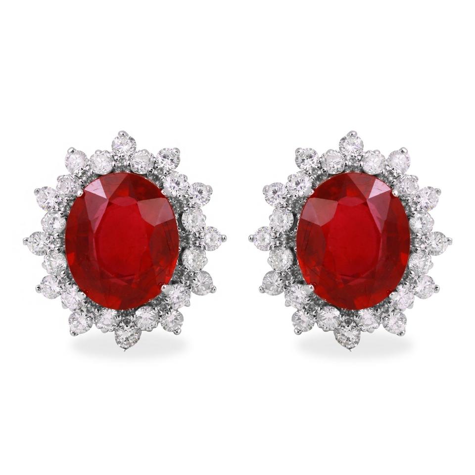 Exquisite 11.03 Carats Ruby and Natural Diamond 14K Solid White Gold Earrings