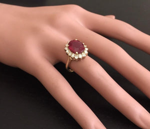 6.70 Carats Impressive Red Ruby and Natural Diamond 14K Yellow Gold Ring