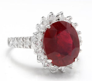 7.90 Carats Impressive Natural Red Ruby and Diamond 14K White Gold Ring