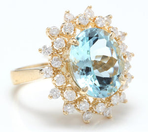 6.00 Carats Exquisite Natural Aquamarine and Diamond 14K Solid Yellow Gold Ring