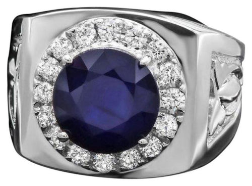 4.40ct Natural Blue Sapphire & Diamond 14k Solid White Gold Men's Ring