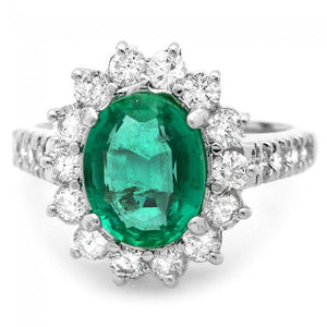 3.50 Carats Natural Emerald and Diamond 14K Solid White Gold Ring