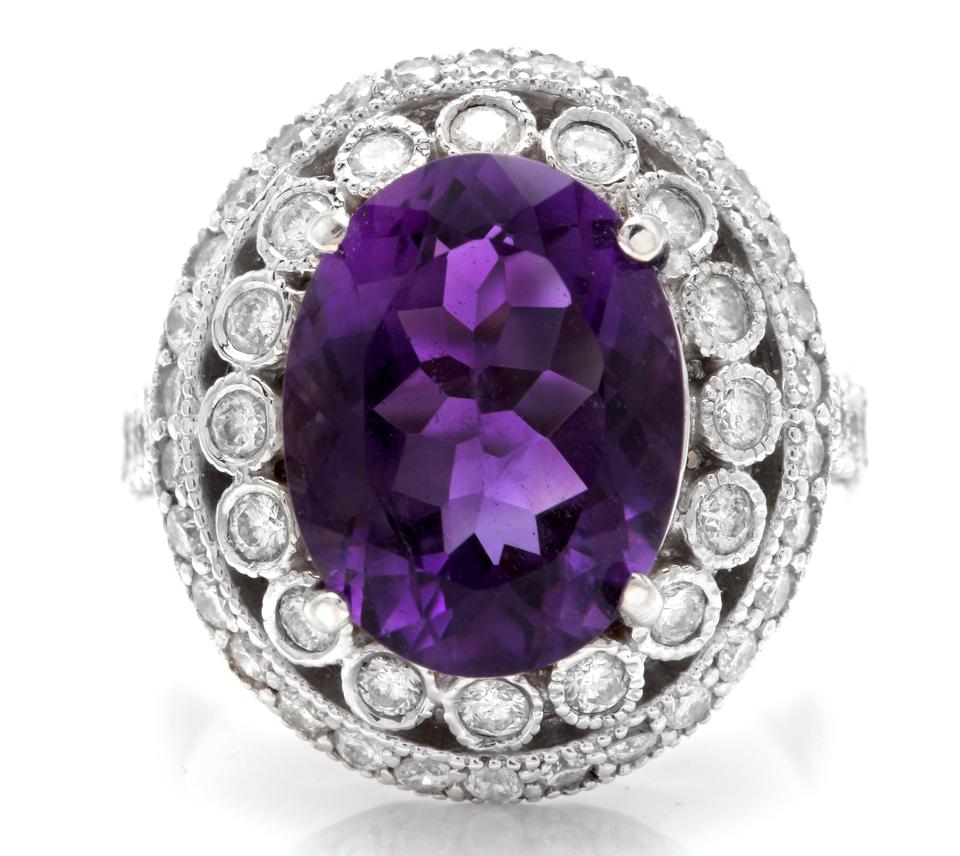 7.20 Carats Natural Amethyst and Diamond 14K Solid White Gold Ring