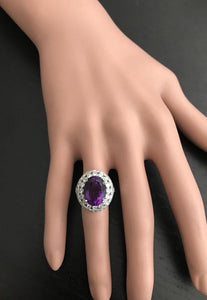 7.20 Carats Natural Amethyst and Diamond 14K Solid White Gold Ring