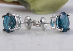 Exquisite Top Quality 4.50 Carats Natural London Blue Topaz 14K Solid White Gold Stud Earrings