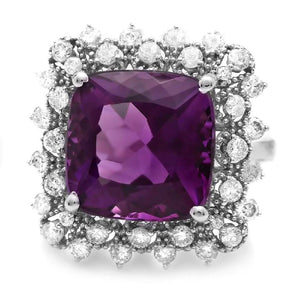 7.90 Carats Natural Amethyst and Diamond 14K Solid White Gold Ring