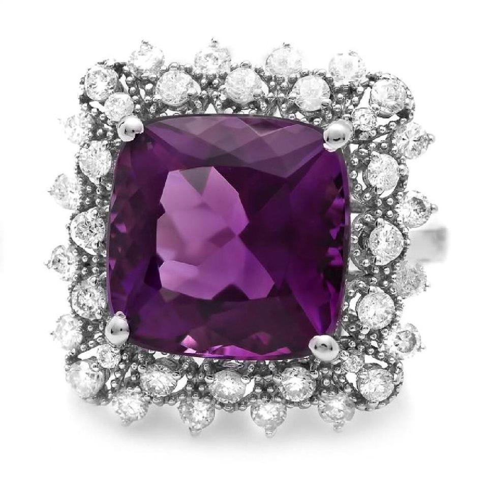 7.90 Carats Natural Amethyst and Diamond 14K Solid White Gold Ring