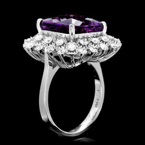 7.90 Carats Natural Amethyst and Diamond 14K Solid White Gold Ring