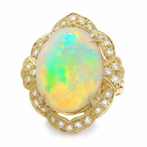 14.65 Carats Natural Impressive Ethiopian Opal and Diamond 14K Solid Yellow Gold Ring