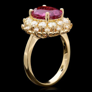 5.25 Carats Natural Very Nice Looking Tourmaline and Diamond 14K Solid Yellow Gold Ring