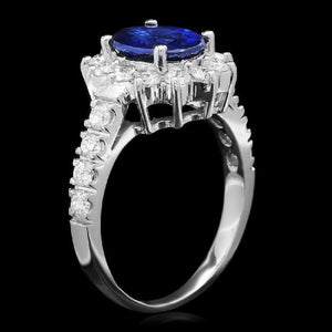 3.15 Carats Exquisite Natural Blue Sapphire and Diamond 14K Solid White Gold Ring