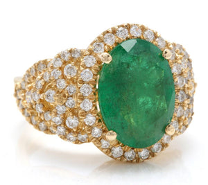 7.30 Carats Natural Emerald and Diamond 14K Solid Yellow Gold Ring