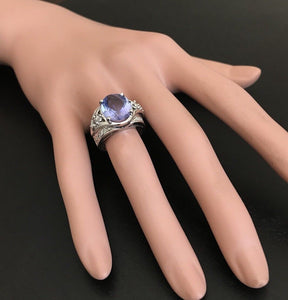 7.00 Carats Natural Very Nice Looking Tanzanite and Diamond 14K Solid White Gold Ring