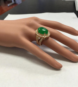 11.00 Carats Natural Green Jade Jadeite and Diamond 14K Solid Rose Gold Ring