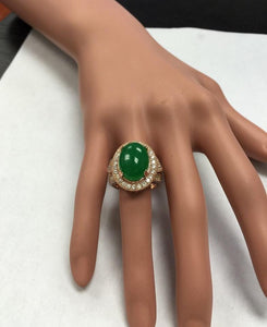 11.00 Carats Natural Green Jade Jadeite and Diamond 14K Solid Rose Gold Ring
