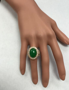 11.00 Carats Natural Green Jade Jadeite and Diamond 14K Solid Rose Gold Ring