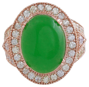 11.00 Carats Natural Green Jade Jadeite and Diamond 14K Solid Rose Gold Ring