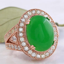 Load image into Gallery viewer, 11.00 Carats Natural Green Jade Jadeite and Diamond 14K Solid Rose Gold Ring