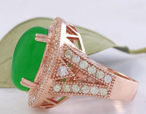 11.00 Carats Natural Green Jade Jadeite and Diamond 14K Solid Rose Gold Ring