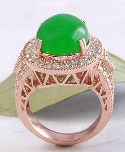 11.00 Carats Natural Green Jade Jadeite and Diamond 14K Solid Rose Gold Ring