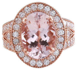 7.50 Carats Exquisite Natural Peach Morganite and Diamond 14K Solid Rose Gold Ring