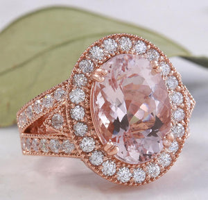 7.50 Carats Exquisite Natural Peach Morganite and Diamond 14K Solid Rose Gold Ring