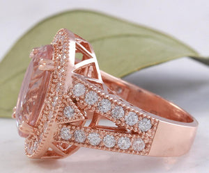 7.50 Carats Exquisite Natural Peach Morganite and Diamond 14K Solid Rose Gold Ring