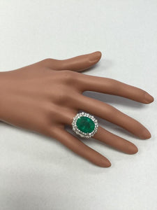 11.80 Carats Natural Emerald and Diamond 18K Solid White Gold Ring