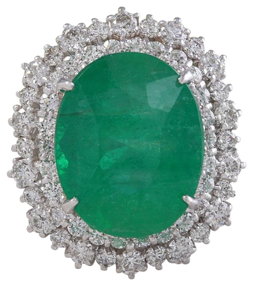 11.80 Carats Natural Emerald and Diamond 18K Solid White Gold Ring