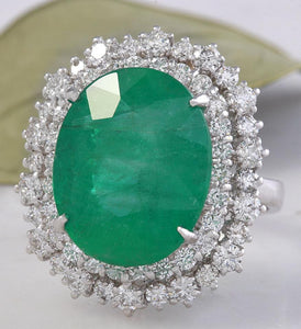 11.80 Carats Natural Emerald and Diamond 18K Solid White Gold Ring