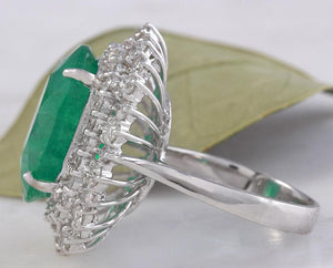 11.80 Carats Natural Emerald and Diamond 18K Solid White Gold Ring