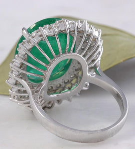 11.80 Carats Natural Emerald and Diamond 18K Solid White Gold Ring