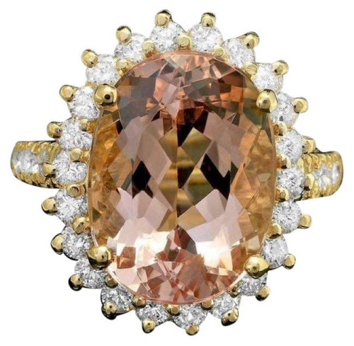 9.00 Carats Natural Morganite and Diamond 14k Solid Yellow Gold Ring