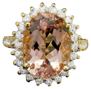 9.00 Carats Natural Morganite and Diamond 14k Solid Yellow Gold Ring