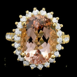 9.00 Carats Natural Morganite and Diamond 14k Solid Yellow Gold Ring