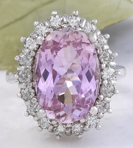 12.02 Carats Exquisite Natural Pink Kunzite and Diamond 14K Solid White Gold Ring