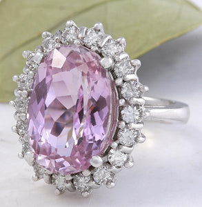 12.02 Carats Exquisite Natural Pink Kunzite and Diamond 14K Solid White Gold Ring