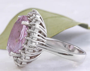 12.02 Carats Exquisite Natural Pink Kunzite and Diamond 14K Solid White Gold Ring