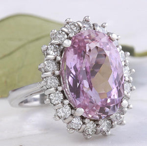 12.02 Carats Exquisite Natural Pink Kunzite and Diamond 14K Solid White Gold Ring