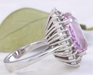 12.02 Carats Exquisite Natural Pink Kunzite and Diamond 14K Solid White Gold Ring