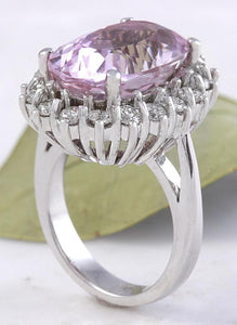 12.02 Carats Exquisite Natural Pink Kunzite and Diamond 14K Solid White Gold Ring