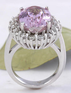 12.02 Carats Exquisite Natural Pink Kunzite and Diamond 14K Solid White Gold Ring