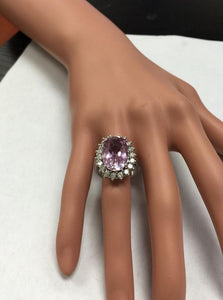12.02 Carats Exquisite Natural Pink Kunzite and Diamond 14K Solid White Gold Ring