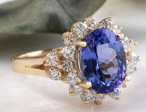 3.84 Carats Natural Very Nice Looking Tanzanite and Diamond 14K Solid Yellow Gold Ring